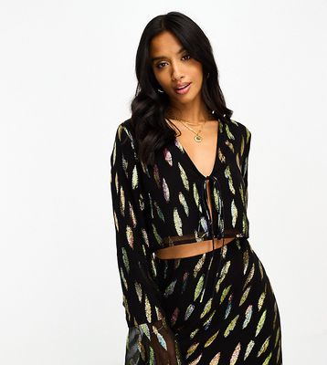 Never Fully Dressed Petite tie front cropped shirt set in metallic leaf-Black