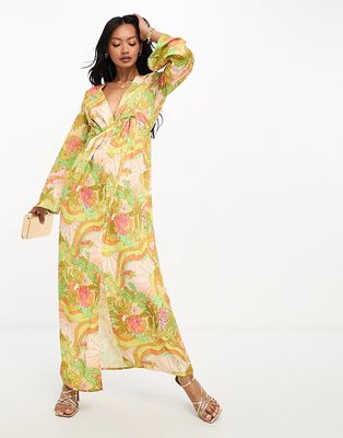 Never Fully Dressed plunge pleated maxi dress in sunset tropic print-Multi
