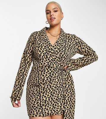 Never Fully Dressed Plus blazer wrap mini dress in leopard print-Multi
