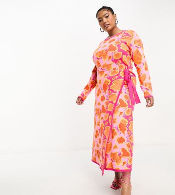 Never Fully Dressed Plus knit wrap midi dress in pink and orange leopard-Multi