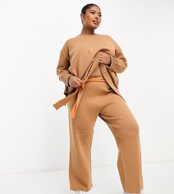 Never Fully Dressed Plus LOVE knit wide leg sweatpants in camel - part of a set-Neutral