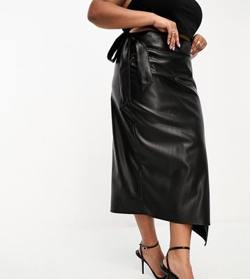 Never Fully Dressed Plus PU wrap midi skirt in black