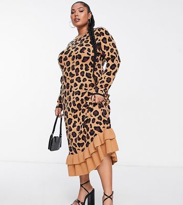 Never Fully Dressed Plus ruffle knit midi dress in leopard print-Brown