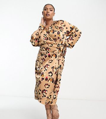 Never Fully Dressed Plus satin wrap midaxi dress in leopard print-Multi