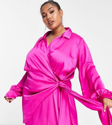 Never Fully Dressed Plus satin wrap mini dress in fuchsia pink
