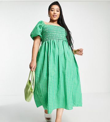 Never Fully Dressed Plus textured smock midi dress in green gingham