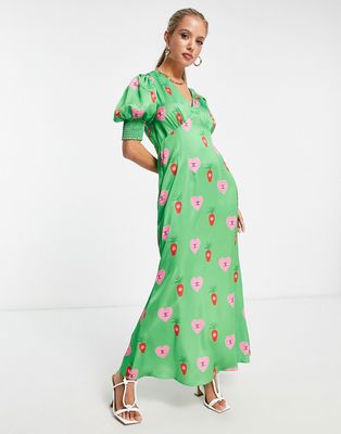 Never Fully Dressed puff sleeve midaxi dress in green heart print-Multi
