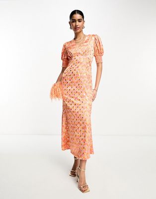 Never Fully Dressed puff sleeve midaxi dress in ombre shell print-Orange