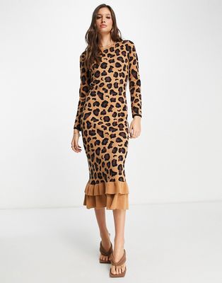 Never Fully Dressed ruffle knit midi dress in leopard print-Red