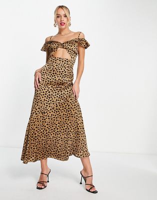 Never Fully Dressed ruffle sleeve cut-out maxi dress in leopard-Brown