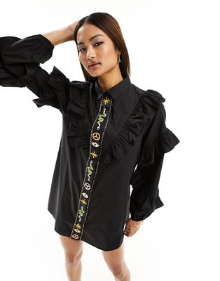 Never Fully Dressed ruffle sleeve embroidered shirt mini dress in black