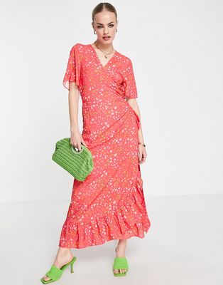 Never Fully Dressed ruffle wrap midaxi dress in pink animal spot