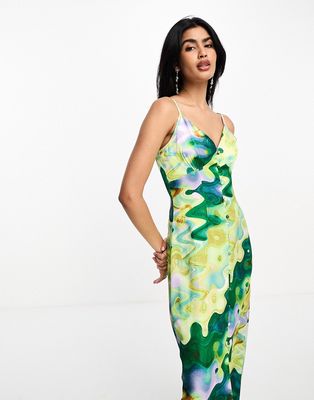 Never Fully Dressed satin midaxi dress in green marble print-Multi