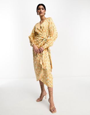 Never Fully Dressed satin wrap midi dress in pastel/gold mix-Multi