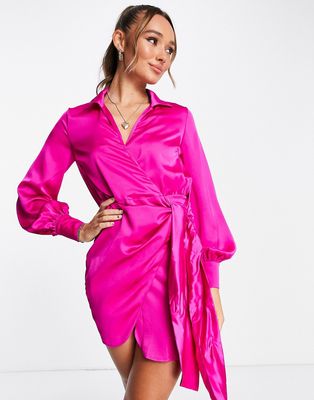 Never Fully Dressed satin wrap mini dress in fuchsia pink