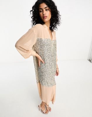 Never Fully Dressed sequin panel shirt midaxi dress in blush-Pink