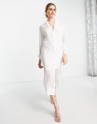 Never Fully Dressed shirt midi dress with sheer panel in white