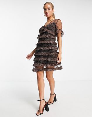 Never Fully Dressed short sleeve tiered mesh mini dress in leopard