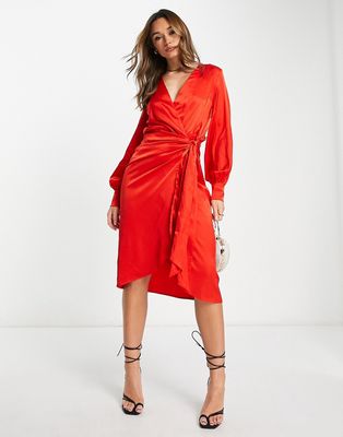 Never Fully Dressed tie waist satin midi dress in red
