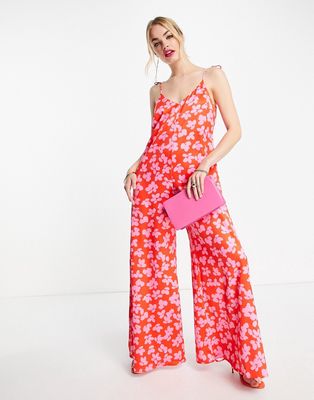 Never Fully Dressed wide leg cami jumpsuit in red and pink floral-Multi