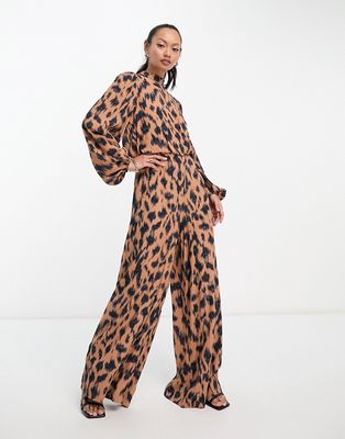 Never Fully Dressed wide leg jumpsuit in leopard print-Multi