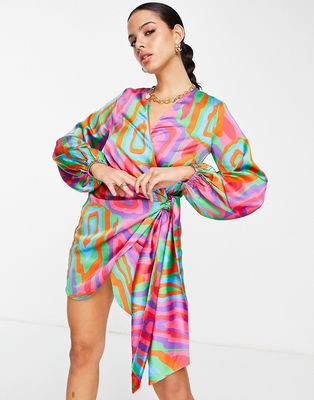 Never Fully Dressed wrap tie shirt mini dress in bright abstract-Multi