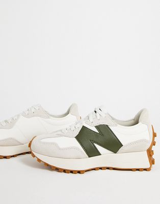 New Balance 327 sneakers in off-white and green