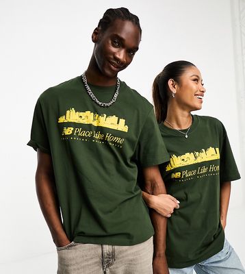 New Balance NB Place Like Home oversized unisex T-shirt in dark green and mustard - Exclusive to ASOS