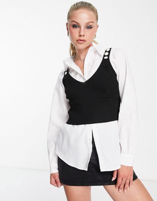 New Look 2-in-1 white shirt and black cropped vest with pearl detail