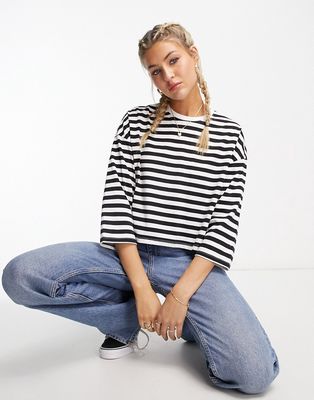 New Look 3/4 sleeve oversized tee in black and white stripe