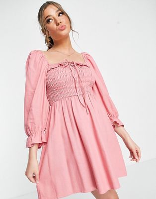 New Look 3/4 sleeve square neck shirred frill mini dress in pink gingham