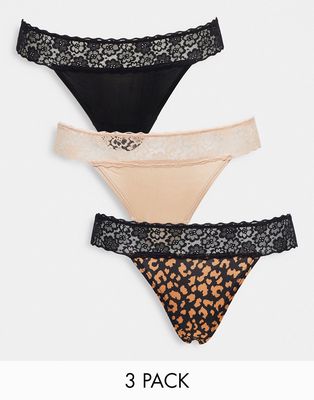 New Look 3 pack lace top thongs in black neutral and animal print-Brown