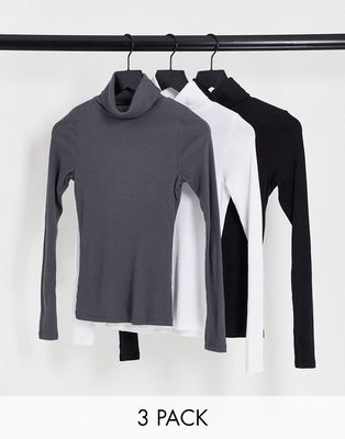 New Look 3 pack rib rolled long sleeved top in black, stone and gray-Multi