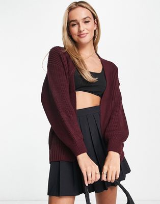 New Look balloon sleeve knitted cardigan in burgundy-Red