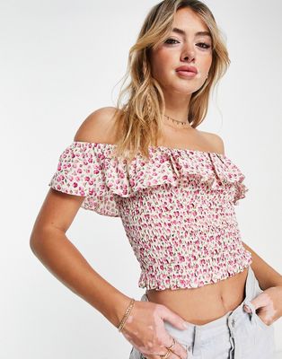 New Look bardot shirred off shoulder top in floral pattern-White