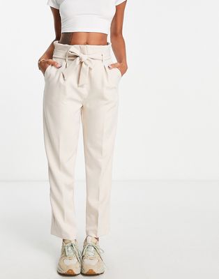New Look belted high waist tapered pants in stone-Neutral