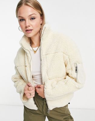 New Look borg zip through jacket in cream-White