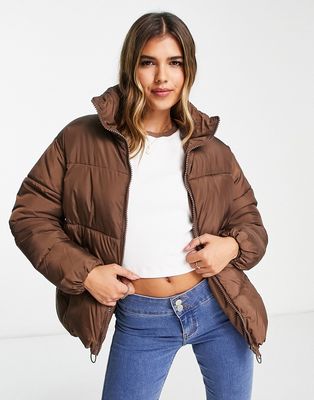 New Look boxy padded zip up coat in chocolate-Brown