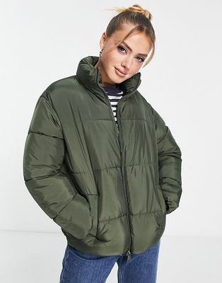 New Look boxy padded zip up coat in khaki-Green