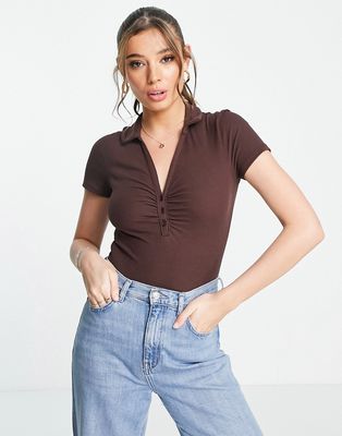 New Look collared button through ruched front bodysuit in brown