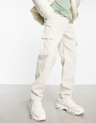 New Look cord straight fit cargo pants in stone-Neutral