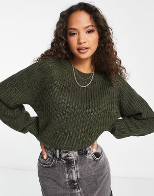 New Look crew neck knitted sweater with stich detail in dark khaki-Green