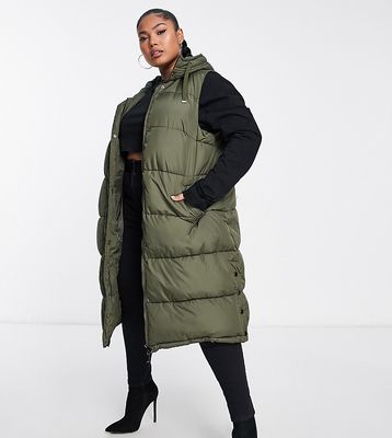 New Look Curve longline hooded vest in khaki-Green
