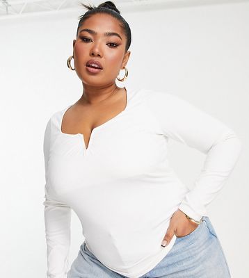 New Look Curve notch neck long sleeve top in white