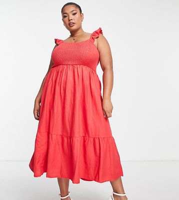 New Look Curve tiered midi dress with ruffle sleeves in red