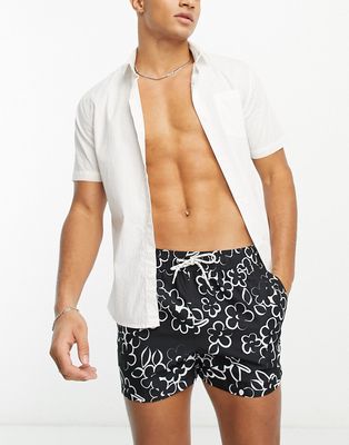 New Look daisy swim shorts in mono-Black
