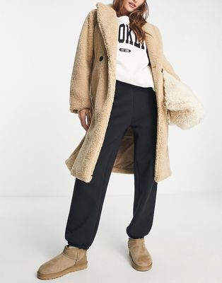 New Look double breasted borg coat in camel-Brown