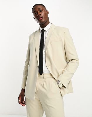 New Look double breasted slim suit jacket in oatmeal-White