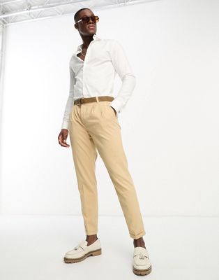 New Look double pleat front smart pants in stone-Neutral