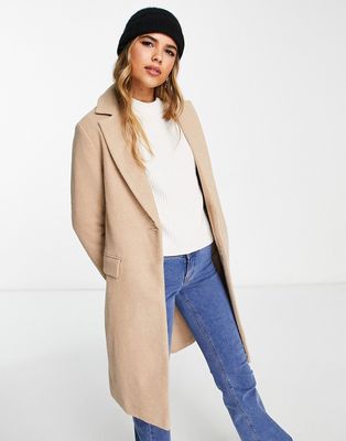 New Look formal lined button front coat in camel-Brown